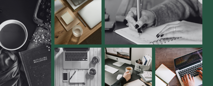 Editorial collage of notebooks, coffee, and working moments